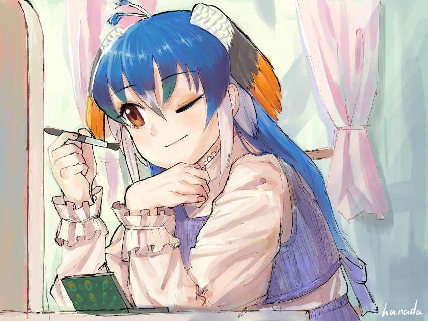 1girl alternate_costume bird_girl bird_wings blue_hair blue_vest collar commentary_request frilled_collar frilled_sleeves frills green_hair hanada_(cobalt003) head_wings high_collar highres kemono_friends long_hair long_sleeves makeup makeup_brush multicolored_hair one_eye_closed orange_eyes orange_hair peafowl_(kemono_friends) puffy_sleeves shirt solo vest white_hair white_shirt wings