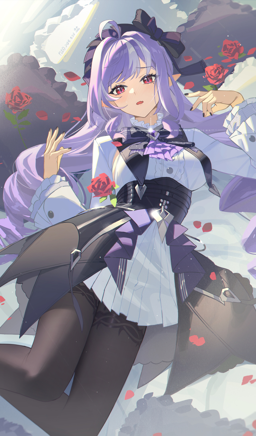 1girl absurdres blush breasts dress fled frills highres long_hair long_sleeves looking_at_viewer pointy_ears purple_hair red_eyes solo vivian_banshee zenless_zone_zero