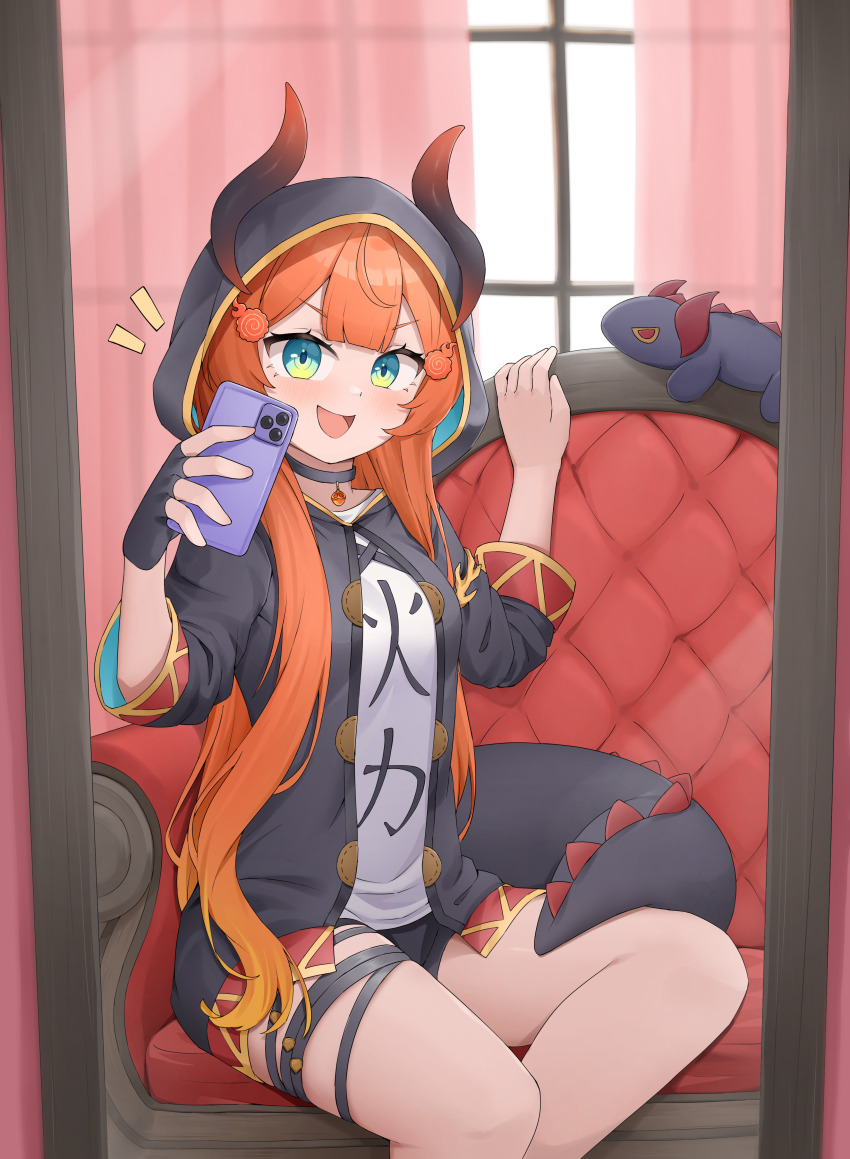 1girl absurdres asymmetrical_gloves breasts cellphone commission couch curtains fake_horns fake_tail fingerless_gloves gloves hair_ornament highres hood hoodie horns indoors japanese_text knees long_hair looking_at_viewer miki_hitsugi open_mouth orange_hair pants phone selfie shorts sitting small_breasts smartphone smile solo specialite_en stuffed_toy tail thighs virtual_youtuber window