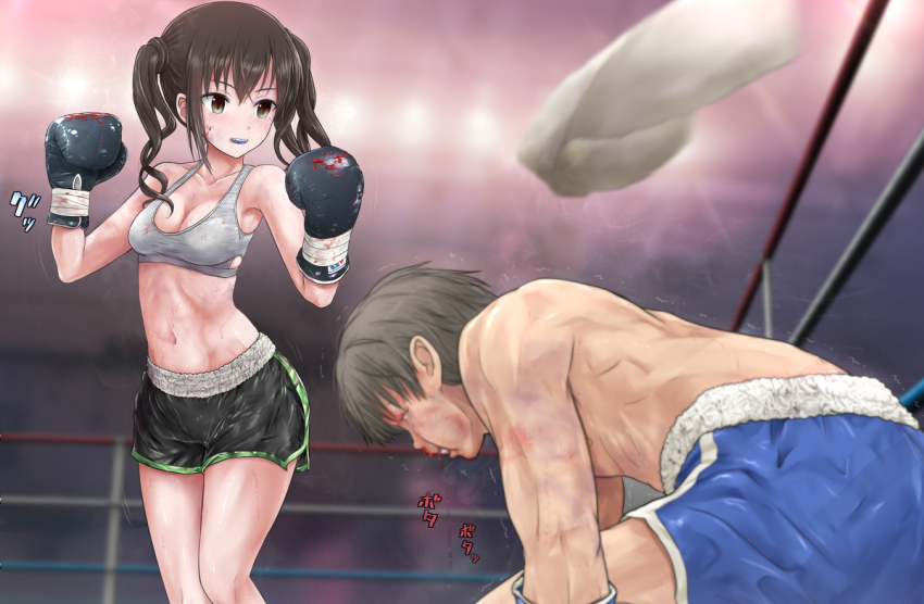 1boy 1girl akabeko_boxing boxing defeat idolmaster idolmaster_cinderella_girls mixed-sex_combat navel sunazuka_akira tagme