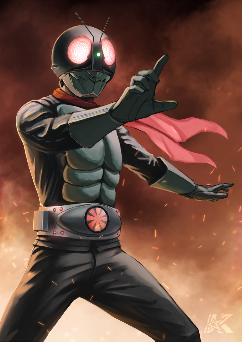 1boy absurdres antennae armor armored_bodysuit artist_logo black_bodysuit bodysuit breastplate bug commentary compound_eyes cowboy_shot fiery_background fighting_stance fire gloves glowing glowing_eyes grasshopper green_armor green_gloves green_helmet helmet highres insect kamen_rider kamen_rider_(1st_series) kamen_rider_1 kazuzu-art legs_apart light_particles logo looking_ahead male_focus mask outstretched_arm red_eyes red_scarf rider_belt scarf solo standing tokusatsu typhoon_(kamen_rider)