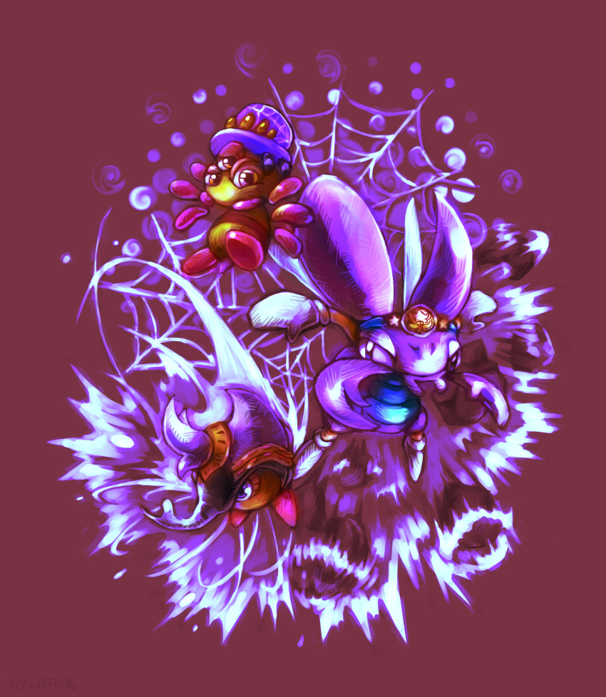 beetley bug bugzzy como_(kirby) crowerfly highres horn kirby:_star_allies kirby_(series) mandibles nintendo no_humans purple_background purple_eyes rhinoceros_beetle silk spider spider_web stag_beetle