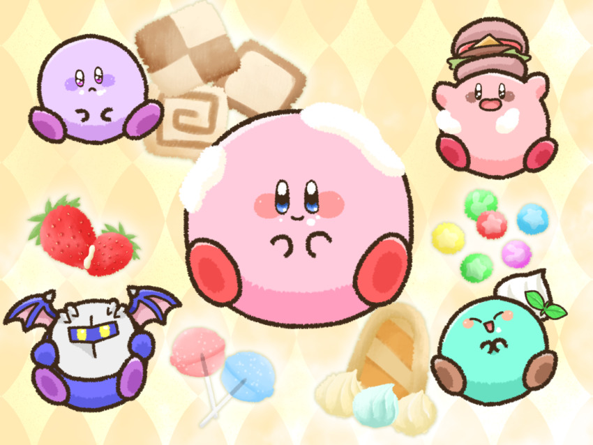 bat_wings blue_skin blush_stickers burger candy colored_skin cosplay food food_on_head fruit kirby kirby&#039;s_dream_buffet kirby_(series) kirby_burger lollipop meta_knight meta_knight_(cosplay) momoyuu1009 nintendo no_humans object_on_head pink_skin smile strawberry wings yellow_eyes
