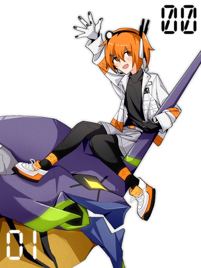1girl a.i._voice adachi_rei arm_up black_pantyhose black_shirt eva_01 evangelion_(mecha) gloves grey_shorts hair_ribbon headlamp highres jacket long_sleeves looking_at_viewer neon_genesis_evangelion one_side_up open_clothes open_jacket open_mouth orange_eyes orange_hair pantyhose ribbon shirt shoes shorts simple_background sneakers solo utau white_background white_jacket white_ribbon white_shoes yi_xing_luren