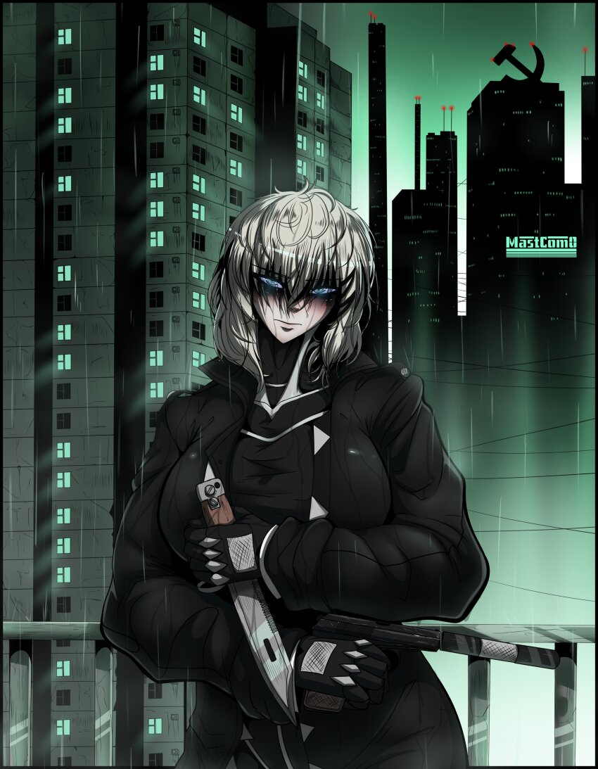 1girl absurdres bags_under_eyes black_bodysuit blue_eyes bodysuit breasts coat cyberpunk gun hair_ornament hairclip handgun highres holding holding_gun holding_knife holding_weapon knife large_breasts looking_at_viewer marie_(peripeteia) mastcom0 medium_hair open_clothes open_coat peripeteia popped_collar rain ringed_eyes solo standing trench_coat triangle_button weapon wet white_hair