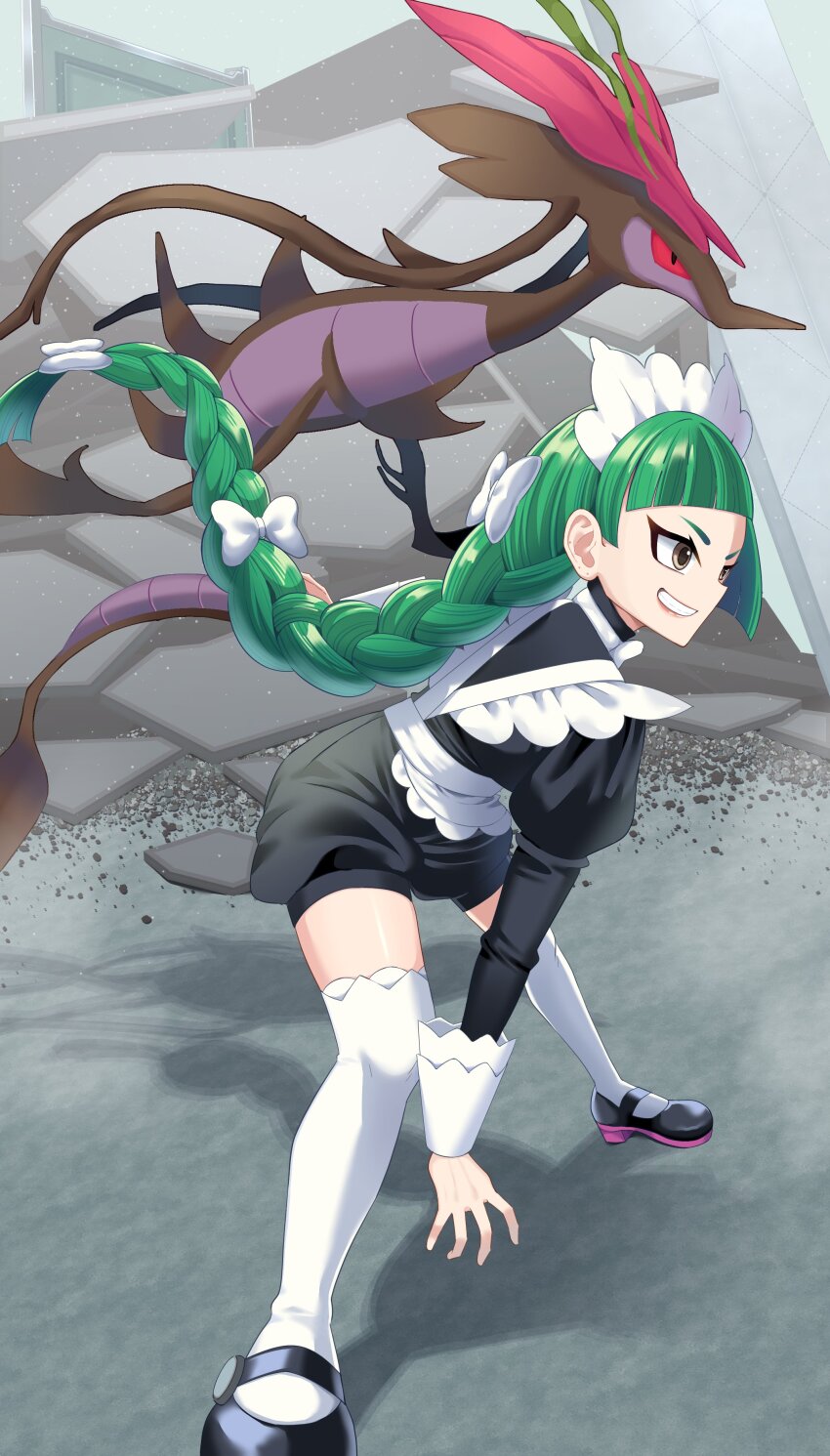 1girl absurdres apron black_romper blunt_bangs bow bowtie braid braided_ponytail colored_sclera commentary_request dragalge gen_6_pokemon green_hair highres juliet_sleeves leafy_seadragon leaning_forward lebanne_(pokemon) long_braid long_hair long_sleeves maid maid_apron momeox2 nintendo pink_lips pokemon pokemon_(creature) pokemon_legends:_z-a puffy_sleeves red_sclera romper slit_pupils snout spread_legs thighhighs tsurime white_bow white_bowtie white_thighhighs