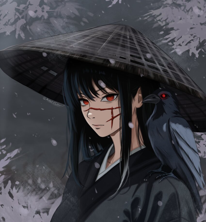 1girl absurdres alternate_costume animal animal_on_shoulder bird bird_on_shoulder black_hair black_kimono chainsaw_man crow hat highres japanese_clothes kimono long_hair looking_at_viewer mothdropcrowla red_eyes rice_hat ringed_eyes snowing solo yoru_(chainsaw_man)