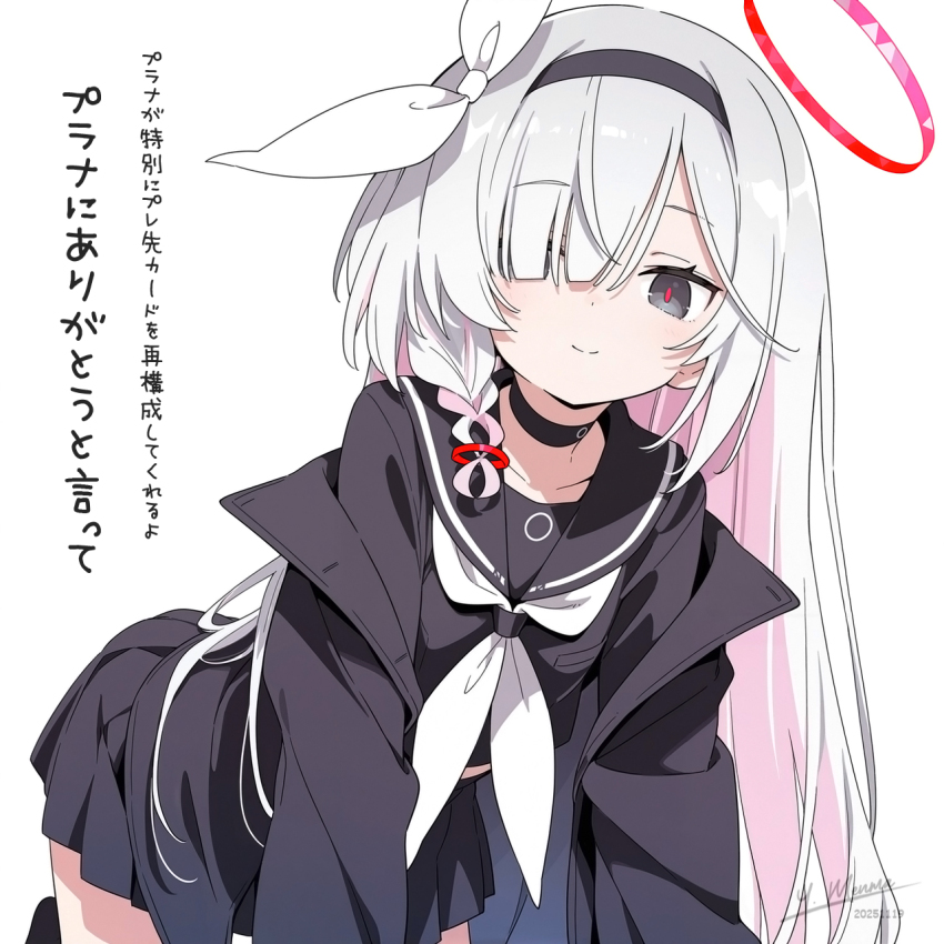 1girl ai-generated black_choker black_hairband black_jacket black_sailor_collar black_serafuku black_shirt black_skirt black_socks blue_archive choker grey_eyes grey_hair grey_neckerchief hair_over_one_eye hairband halo highres jacket multicolored_hair neckerchief one_eye_covered pink_hair plana_(blue_archive) red_halo sailor_collar school_uniform serafuku shirt simple_background skirt socks solo thighs two-tone_hair white_background yuusha_menma