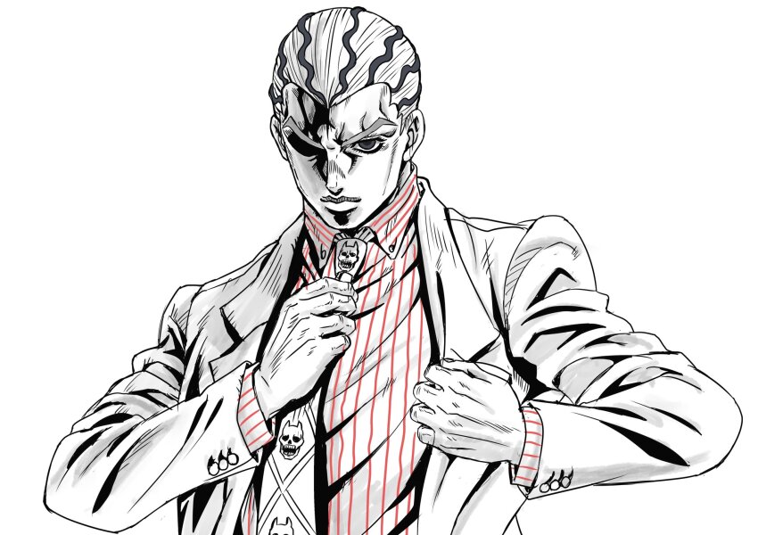 1boy adjusting_clothes adjusting_necktie cheekbones collared_shirt commentary_request diamond_wa_kudakenai formal_clothes highres ishimoto_shun&#039;ichi jacket jojo_no_kimyou_na_bouken kawajiri_kosaku kira_yoshikage long_sleeves looking_at_viewer male_focus monochrome multicolored_hair necktie official_style partially_shaded_face pinstripe_pattern pinstripe_shirt shirt short_hair solo spot_color suit two-tone_hair upper_body white_background