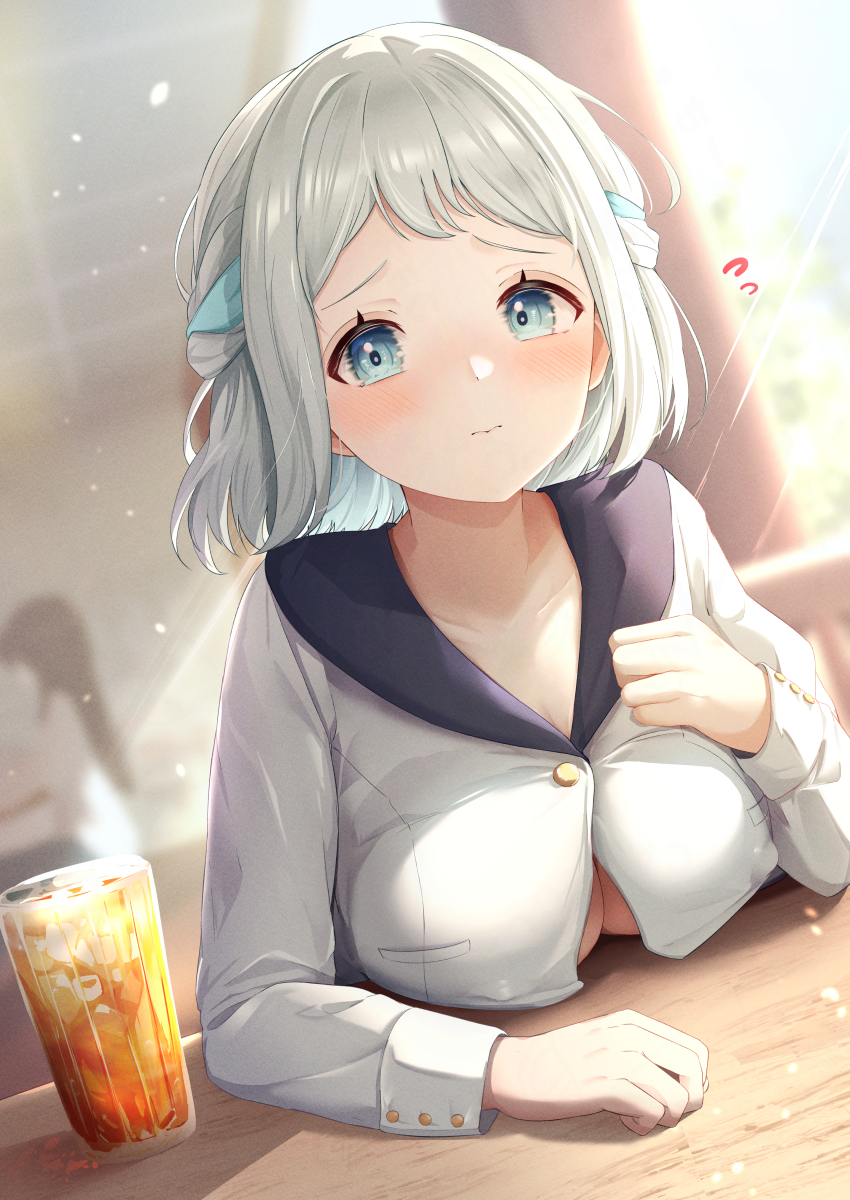 2girls absurdres aqua_ribbon blue_eyes blue_sailor_collar blush braid commentary_request covered_erect_nipples drink flying_sweatdrops gakuen_idolmaster grey_hair hair_ribbon half_up_braid highres idolmaster indoors jacket katsuragi_lilja looking_at_viewer multiple_girls no_bra ribbon ribbon_braid sailor_collar short_hair sky_cappuccino solo_focus white_jacket