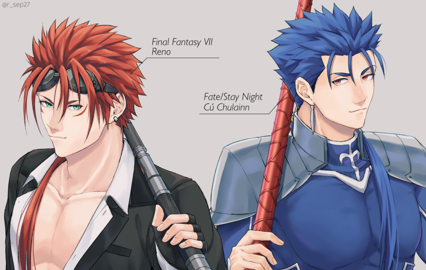 2boys black_jacket blue_bodysuit blue_hair bodysuit character_name closed_mouth copyright_name crossover cu_chulainn_(fate) cu_chulainn_(fate/stay_night) earrings fate/stay_night fate_(series) final_fantasy final_fantasy_vii gae_bolg_(fate) goggles goggles_on_head green_eyes grey_background hair_over_shoulder hairstyle_connection holding holding_polearm holding_weapon jacket jewelry long_hair looking_at_viewer low_ponytail male_focus messy_hair multiple_boys open_clothes open_jacket polearm ponytail red_eyes red_hair reno_(ff7) ruuto_(ruto3) simple_background smile upper_body weapon