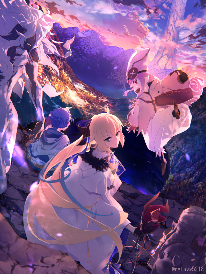 1boy 2girls aesc_(fate) baggy_clothes baggy_pants beryl_gut blonde_hair braid button_eyes buttons coat cu_chulainn_(fate) dress fate/grand_order fate_(series) french_braid green_eyes habetrot_(fate) highres long_hair looking_at_viewer looking_back multiple_girls outdoors pants pink_coat pink_hair pink_headwear pointy_ears reluvy robe setanta_(fate) sitting smile spinning_wheel sunrise white_dress white_robe