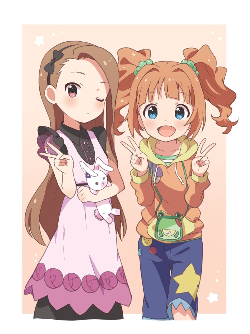2girls bare_shoulders black_hairband black_pantyhose black_shirt blue_eyes blue_pants blush border breasts brown_hair buchi_(y0u0ri_) closed_mouth collarbone dot_nose double_v hair_bobbles hair_ornament hairband hands_up highres holding holding_stuffed_toy hood hood_down idolmaster idolmaster_(classic) idolmaster_million_live! idolmaster_million_live!_theater_days light_brown_background long_hair looking_at_viewer minase_iori multiple_girls one_eye_closed open_mouth outside_border pants pantyhose pink_skirt print_pants red_eyes shirt simple_background skirt sleeveless sleeveless_shirt small_breasts smile star_(symbol) star_print stuffed_animal stuffed_rabbit stuffed_toy takatsuki_yayoi twintails two-tone_hoodie usa-chan_(idolmaster) v wallet white_border