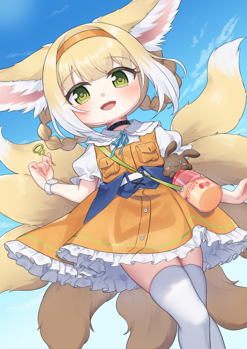 1girl :d absurdres animal_ears arknights blonde_hair blue_background blue_ribbon braid bubble_wand choshanland_plushy_(arknights) cloud collared_shirt commission commissioner_upload day dress fox_ears fox_girl frilled_dress frills green_eyes hair_rings highres holding infection_monitor_(arknights) kitsune kokone_(coconeeeco) kyuubi looking_at_viewer multicolored_hair multiple_tails neck_ribbon non-web_source open_mouth orange_dress outdoors parted_lips puffy_short_sleeves puffy_sleeves ribbon shirt short_sleeves sidelocks skeb_commission skindentation sleeveless sleeveless_dress smile solo standing stuffed_animal stuffed_rabbit stuffed_toy suzuran_(arknights) suzuran_(let&#039;s_carnival!)_(arknights) tail thighhighs twin_braids two-tone_hair white_hair white_shirt white_thighhighs