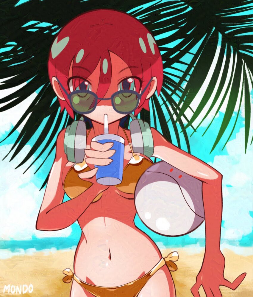 1girl amate_yuzuriha artist_name beach bikini breasts cowboy_shot cup drinking gold_bikini golden_week green-tinted_eyewear green_eyes gundam gundam_gquuuuuux headphones headphones_around_neck highres holding holding_cup medium_breasts missing_commentary navel ocean palm_tree red_hair short_hair solo sunglasses supermondobeat swimsuit tinted_eyewear tree