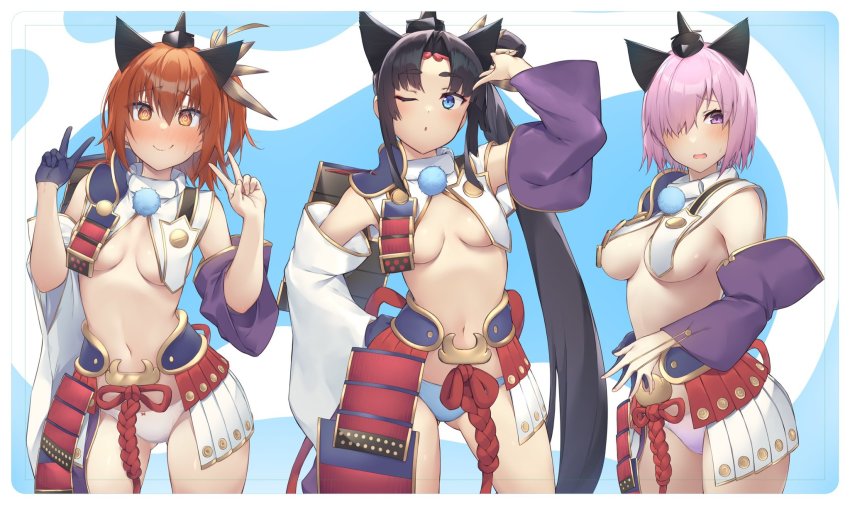 3girls @_@ arm_up armor asymmetrical_sleeves black_gloves black_hair blue_eyes blue_panties blush bow bow_panties breast_curtains breasts circlet contrapposto cosplay cowboy_shot detached_sleeves double_v fate/grand_order fate_(series) fujimaru_ritsuka_(female) gloves gluteal_fold hair_between_eyes hair_ornament hair_over_one_eye hand_on_own_hip hat highres japanese_armor kusazuri large_breasts light_purple_hair long_hair long_sleeves looking_at_viewer mash_kyrielight midriff mismatched_sleeves multiple_girls navel one_eye_closed open_mouth orange_hair panties parted_lips pink_panties pinta_(ayashii_bochi) purple_eyes revealing_clothes short_hair showgirl_skirt side_ponytail sideboob single_glove stomach sweatdrop thighs underwear ushiwakamaru_(fate) ushiwakamaru_(fate)_(cosplay) v very_long_hair white_panties