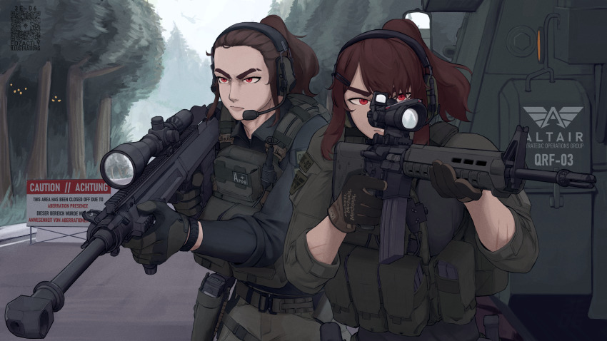2girls absurdres aiming armored_personnel_carrier armored_vehicle black_gloves brown_hair closed_mouth commentary edzactly english_commentary english_text forehead german_text gloves grin gun headphones highres holding holding_gun holding_weapon load_bearing_vest long_hair military military_combat_uniform military_fatigues military_uniform mixed-language_text motor_vehicle multiple_girls original outdoors ponytail red_eyes road scope serious sidelocks smile tree walkie-talkie weapon weapon_request