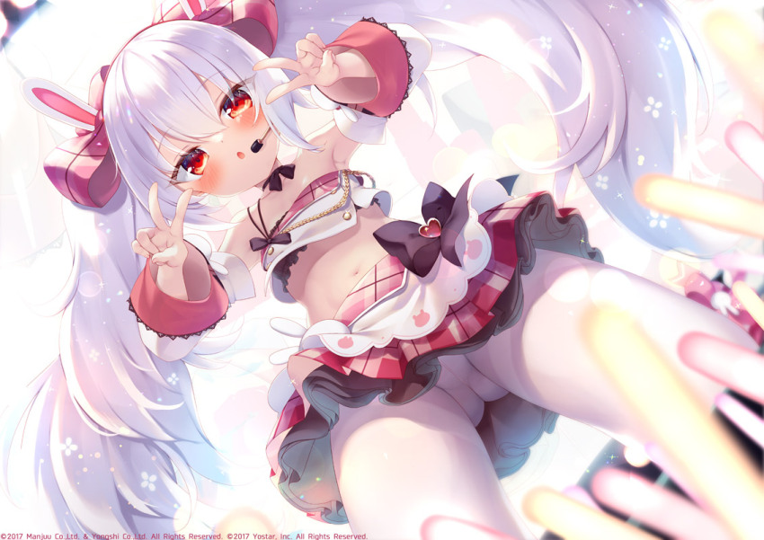 1girl azur_lane bare_shoulders blush collarbone commentary_request detached_sleeves double_v dutch_angle from_below glowstick hair_between_eyes hands_up headset laffey_(azur_lane) laffey_(bunny_idol_@unmotivated)_(azur_lane) long_hair long_sleeves looking_at_viewer looking_down navel official_alternate_costume panties panties_under_pantyhose pantyhose plaid_clothes plaid_skirt pleated_skirt red_eyes red_skirt sazaki_ichiri skirt solo standing thighband_pantyhose twintails underwear v very_long_hair white_hair white_pantyhose white_sleeves