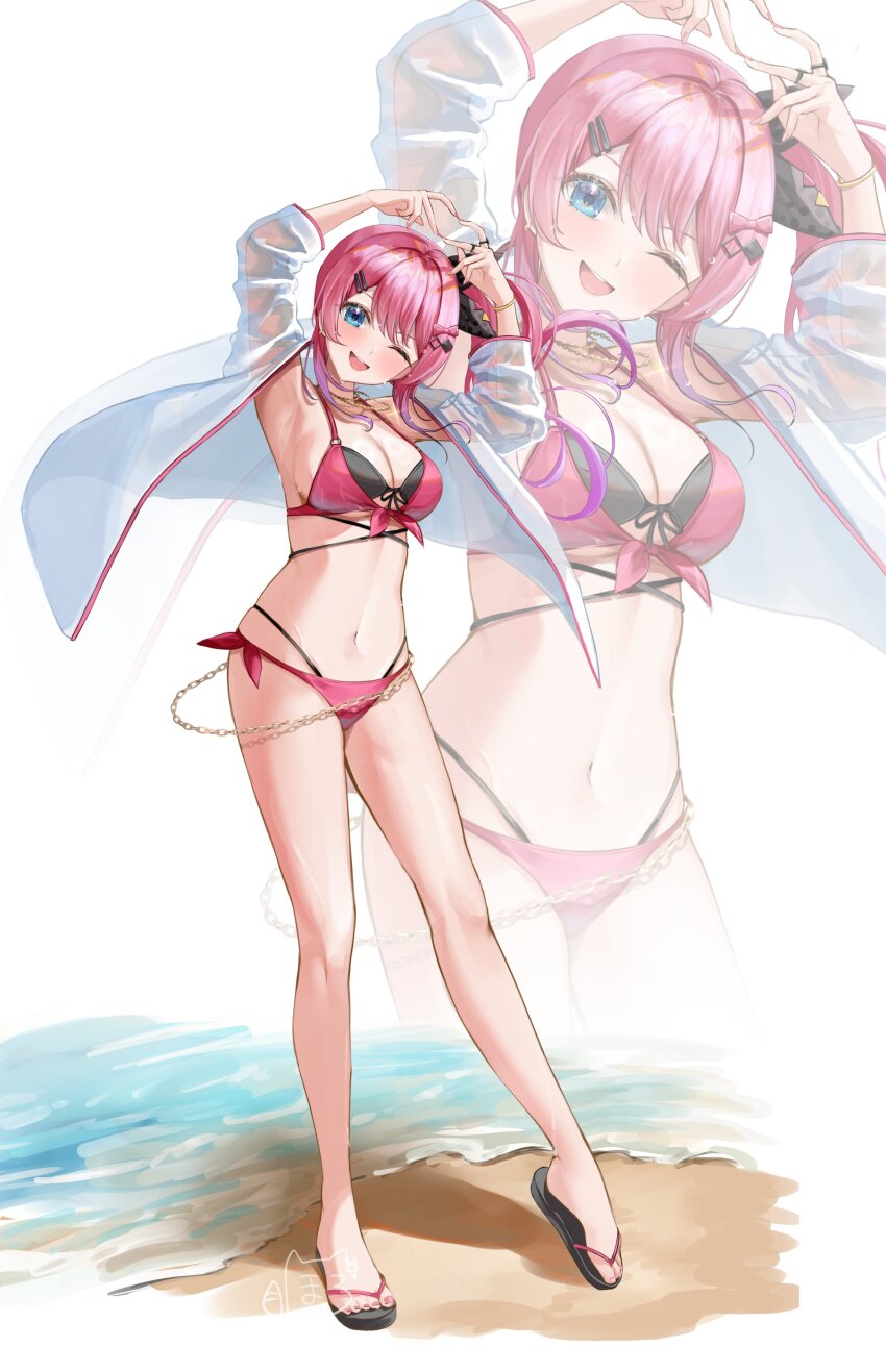 1girl absurdres armpits arms_up bare_shoulders beach bikini black_bikini black_ribbon black_sandals blue_eyes blush bow bracelet breasts chain cleavage fingernails front-tie_top full_body hair_bow hair_ornament hair_ribbon hairclip head_tilt heart heart_hands highres horo_27 jewelry kuramochi_meruto large_breasts long_hair looking_at_viewer multicolored_hair nail_polish navel nijisanji one_eye_closed open_mouth pink_bikini pink_bow pink_hair pink_nails polka_dot polka_dot_ribbon ribbon ring sand sandals see-through_clothes see-through_shirt shirt side-tie_bikini_bottom side_ponytail signature simple_background smile stomach swimsuit teeth thighs two-tone_hair upper_teeth_only virtual_youtuber water white_background white_shirt zoom_layer