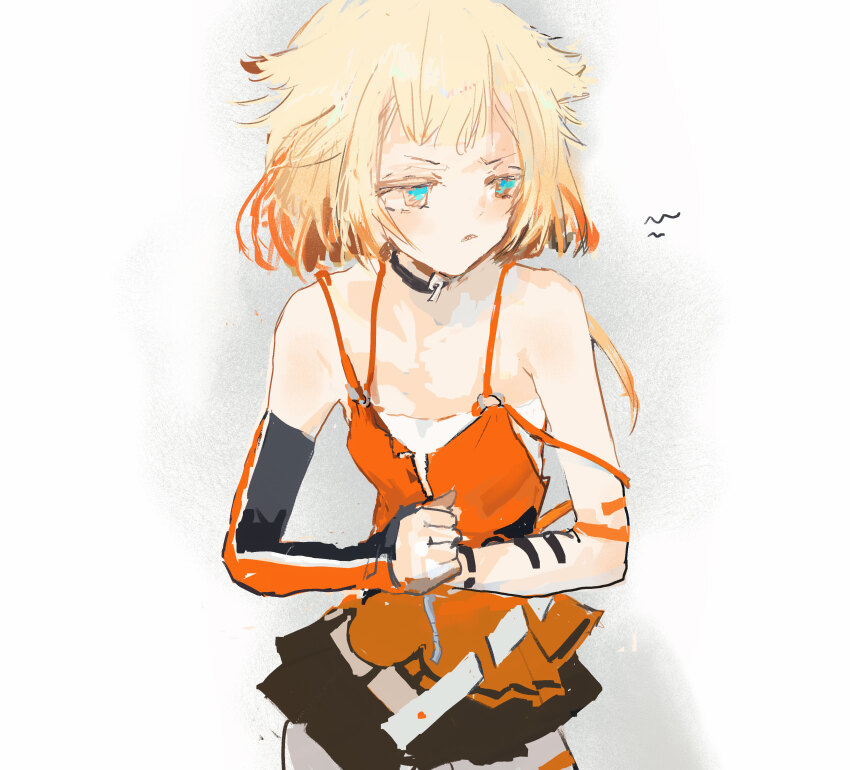1girl absurdres bare_shoulders belt black_choker blonde_hair blue_eyes breasts cevio choker colored_tips commentary cowboy_shot detached_sleeves dress glaring hair_flaps highres kabuyama_kaigi long_hair looking_to_the_side low_ponytail multicolored_hair one_(cevio) orange_dress orange_hair ponytail scowl short_dress shout_lines simple_background single_detached_sleeve sleeveless sleeveless_dress small_breasts solo spaghetti_strap standing strap_slip v-shaped_eyebrows white_background white_belt