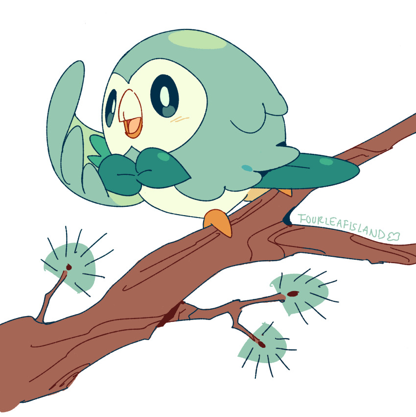 absurdres alternate_color animal_focus artist_name bird bow bowtie branch commentary english_commentary fourleafisland from_behind full_body gen_7_pokemon green_eyes green_pupils highres in_tree looking_back nintendo no_humans open_mouth outdoors owl perching pokemon pokemon_(creature) rowlet shading_eyes shiny_pokemon simple_background solo tree turning_head white_background