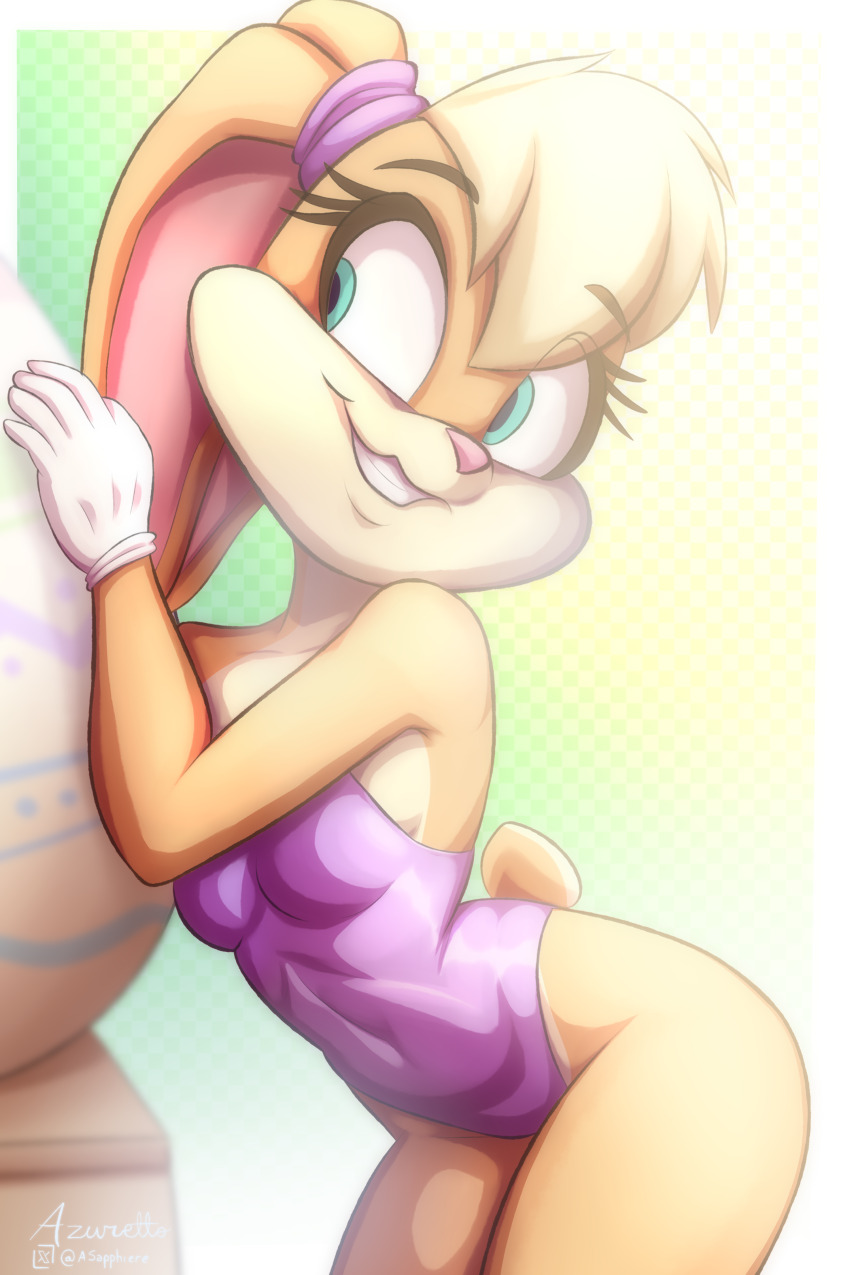 1girl :3 animal_nose aqua_eyes arched_back artist_name azuretto bare_shoulders blonde_hair body_fur border breasts collarbone covered_navel cowboy_shot easter_egg egg female_focus furry furry_female gloves gradient_background green_background grin hair_tie hand_up happy leaning_forward leotard lola_bunny looking_to_the_side looney_tunes orange_fur outside_border playboy_bunny purple_leotard rabbit_ears rabbit_girl rabbit_tail short_hair short_tail signature small_breasts smile solo standing strapless strapless_leotard tail teeth thighs twitter_x_logo two-tone_background two-tone_fur white_border white_gloves yellow_background yellow_fur