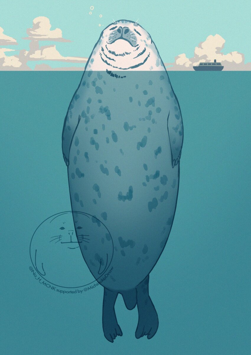 animal animal_focus blue_sky boat cloud highres iceberg michinoku_(hiking_miusan18) no_humans ocean original oversized_animal partially_submerged seal_(animal) ship sky sleeping squeans water watercraft