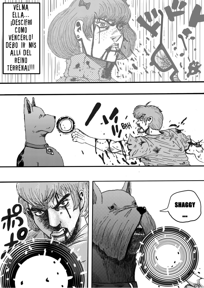 1girl 2boys absurdres animal_collar araki_hirohiko_(style) battle_damage blood blood_on_face bow broken_eyewear collar dodododo dog facial_hair glass glasses greyscale hair_bow highres injury jeremaiden jojo_no_kimyou_na_bouken jojolion monochrome multiple_boys scooby-doo scooby-doo_(character) shaggy_rogers spanish_commentary spanish_text speech_bubble sweater translated turtleneck turtleneck_sweater velma_(2023) velma_dinkley