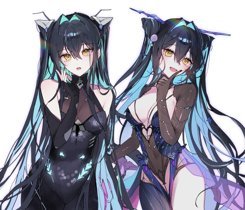 1girl absurdres aqua_hair black_bodysuit bodysuit breasts colored_inner_hair goddess_of_victory:_nikke hair_intakes highres little_mermaid_(abyss_flower)_(nikke) little_mermaid_(nikke) long_hair multicolored_hair navel official_alternate_costume ribbcott see-through_clothes see-through_skirt simple_background skirt solo very_long_hair white_background yellow_eyes