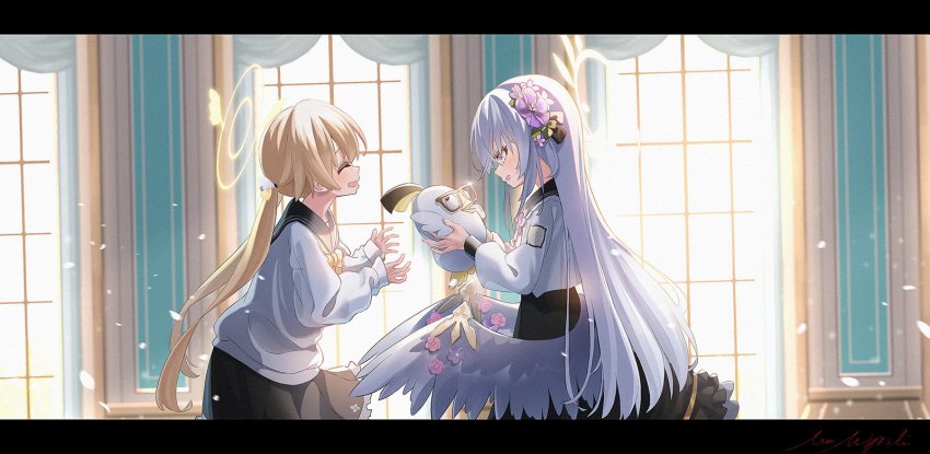 2girls angel_wings azusa_(blue_archive) black_dress blue_archive blue_sailor_collar blush cardigan dress feathered_wings flower frilled_legwear frilled_skirt frills hair_between_eyes hair_flaps hair_flower hair_ornament halo hifumi_(blue_archive) highres holding holding_stuffed_toy jacket letterboxed light_brown_hair long_hair low_twintails miyoshi_nao_(miyoshist) multiple_girls peroro_(blue_archive) pleated_skirt purple_eyes sailor_collar school_uniform silver_hair skirt stuffed_animal stuffed_toy twintails white_cardigan white_jacket white_wings wings yellow_eyes