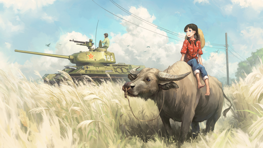 1boy 1girl barefoot bird blue_eyes braid brown_hair carabao chinese_commentary chinese_new_year chinese_zodiac cloud dshk goose gun hat heavy_machine_gun helmet highres looking_to_the_side machine_gun military military_uniform military_vehicle motor_vehicle original outdoors pants pants_rolled_up people&#039;s_liberation_army power_lines riding sitting sky soldier straw_hat t-34 t-34-85 tank tank_helmet tanto_(tc1995) tree twin_braids water_buffalo weapon wheat wheat_field world_war_ii year_of_the_ox