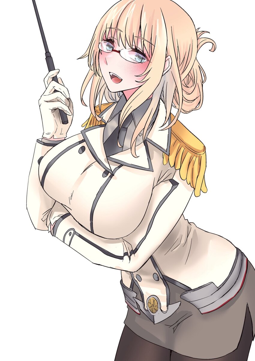 1girl asyuri atago_(kancolle) bespectacled blonde_hair breasts buttons collared_shirt cosplay double-breasted epaulettes glasses gloves green_eyes highres holding holding_pointer holding_riding_crop kantai_collection katori_(kancolle) katori_(kancolle)_(cosplay) long_hair military military_uniform miniskirt necktie pantyhose pencil_skirt pointer riding_crop shirt skirt smile white_gloves
