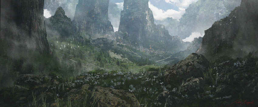 cloud commentary_request fog grass highres landscape miyoshi_nao_(miyoshist) mountain nature no_humans original outdoors scenery sky tree vanishing_point