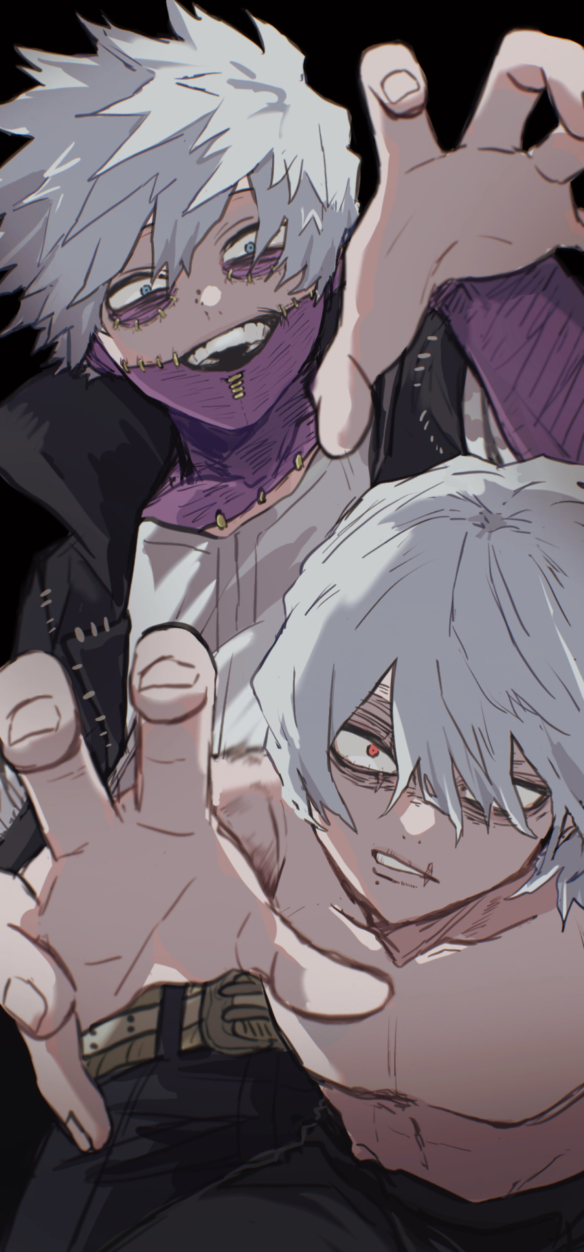 2boys absurdres ametaro_(ixxxzu) black_background black_pants blue_eyes boku_no_hero_academia burn_scar cheek_piercing dabi_(boku_no_hero_academia) face_piercing grey_hair highres looking_at_viewer male_focus medium_hair multiple_boys multiple_scars outstretched_hand pants piercing reaching reaching_towards_viewer red_eyes scar scar_on_face shigaraki_tomura short_hair simple_background spiked_hair staple stapled todoroki_touya topless_male wrinkled_skin