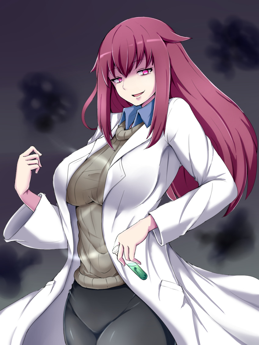 1girl black_background breasts collared_shirt commentary_request contrail cowboy_shot female_focus glowing glowing_eyes hair_between_eyes half-closed_eyes highres holding holding_test_tube lab_coat large_breasts long_hair looking_at_viewer mon-musu_quest! open_mouth promestein raichi_(ddq0246) red_eyes red_hair shirt sidelocks simple_background smile solo sweater test_tube wing_collar