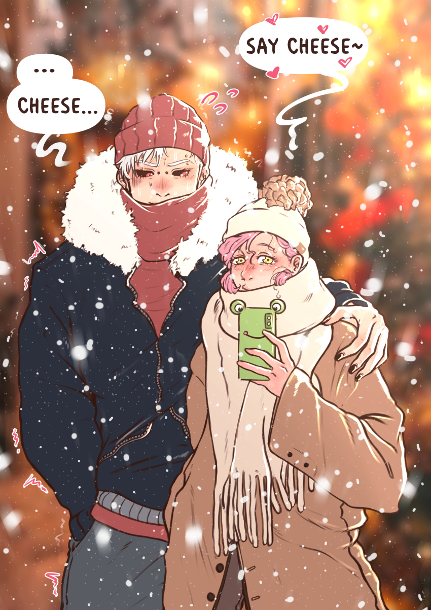 2boys absurdres bacchyarts black_nails black_sclera blush cellphone christmas coat colored_sclera couple english_text flying_sweatdrops freckles hat height_difference highres holding holding_phone jacket jojo_no_kimyou_na_bouken long_hair long_sleeves looking_at_another male_focus multiple_boys outdoors pants phone pink_hair red_eyes risotto_nero scarf smartphone snow snowing speech_bubble taking_picture trembling vento_aureo vinegar_doppio white_hair winter_clothes yaoi yellow_eyes
