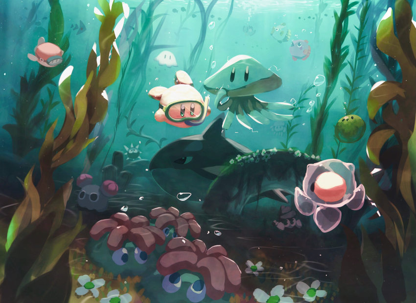 acro_(kirby) afloat asphyxiation birdon_(kirby) blipper bubble character_request coner craby_(kirby) creature day diving diving_mask drowning fish fishbone_(kirby) flower glunk_(kirby) goggles gordo grass highres jellyfish kine_(kirby) kirby kirby_(series) master_green_(kirby) mine_(kirby) mony_(kirby) nintendo no_humans ocean orca scenery seaweed shark slushy_(kirby) squibby squishy_(kirby) suyasuyabi swimming tentacles underwater waddle_dee zebon