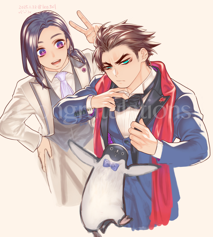 2boys :d aqua_eyes bird black_bow black_bowtie blue_hair blue_suit bow bowtie brown_hair cropped_legs dated formal_clothes frown grey_background hair_slicked_back highres leo_tail long_hair looking_at_another looking_at_viewer male_focus multiple_boys necktie open_mouth penguin purple_eyes short_hair simple_background smile squinting strider_(video_game) strider_hien strider_hiryuu suit twitter_username v watermark white_necktie white_suit