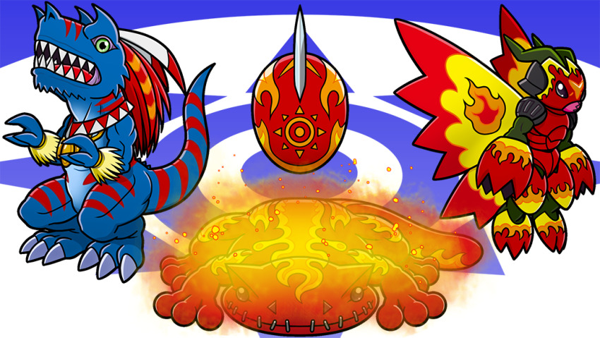 allomon artist_request bug crests_(digimon) digimon digimon_(creature) digitama dinosaur egg fiery_aura no_humans official_art salamandamon salamander shadramon stitched_mouth stitches wings