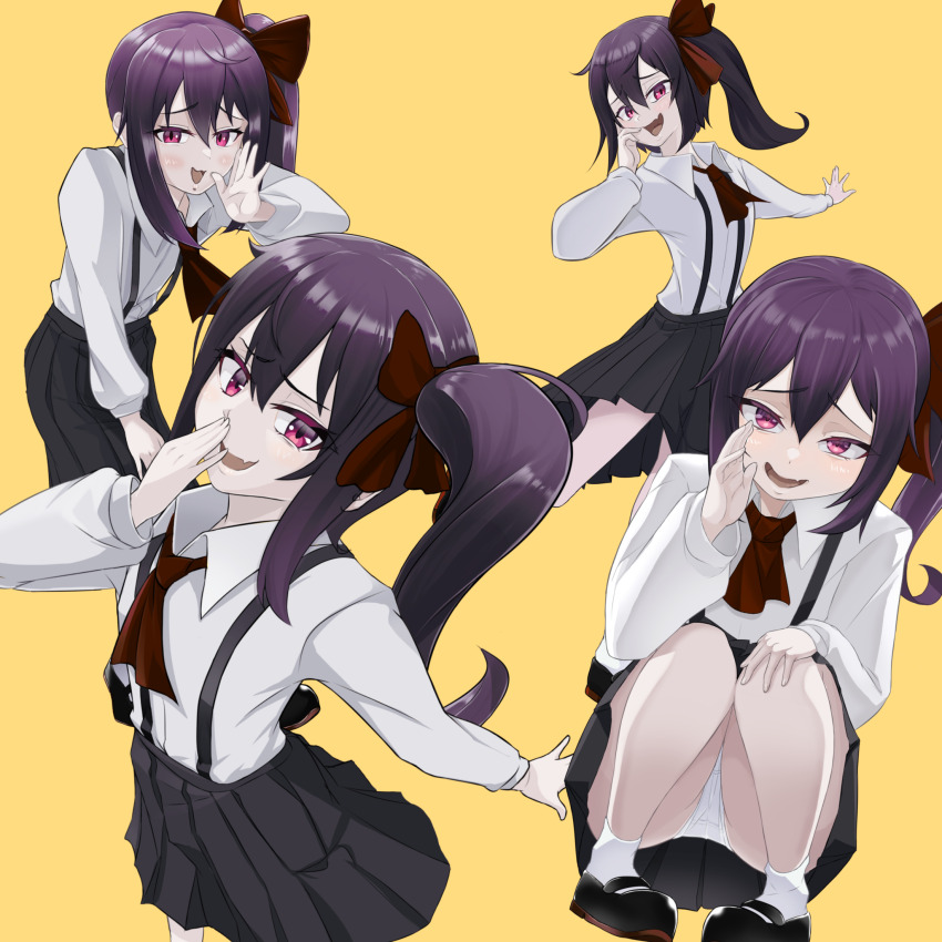 1girl ascot black_footwear black_skirt blush bow brown_ascot brown_bow collared_shirt commentary_request cookie_(touhou) fang flat_chest full_body hair_between_eyes hair_bow high_side_ponytail highres long_hair looking_at_viewer mary_janes multiple_views open_mouth panties pink_eyes pleated_skirt purple_hair shirt shoes simple_background siyudi_(cookie) skin_fang skirt smile socks squatting suisyu_chouman_chawan_no_kakera suspender_skirt suspenders underwear white_panties white_shirt white_socks yellow_background
