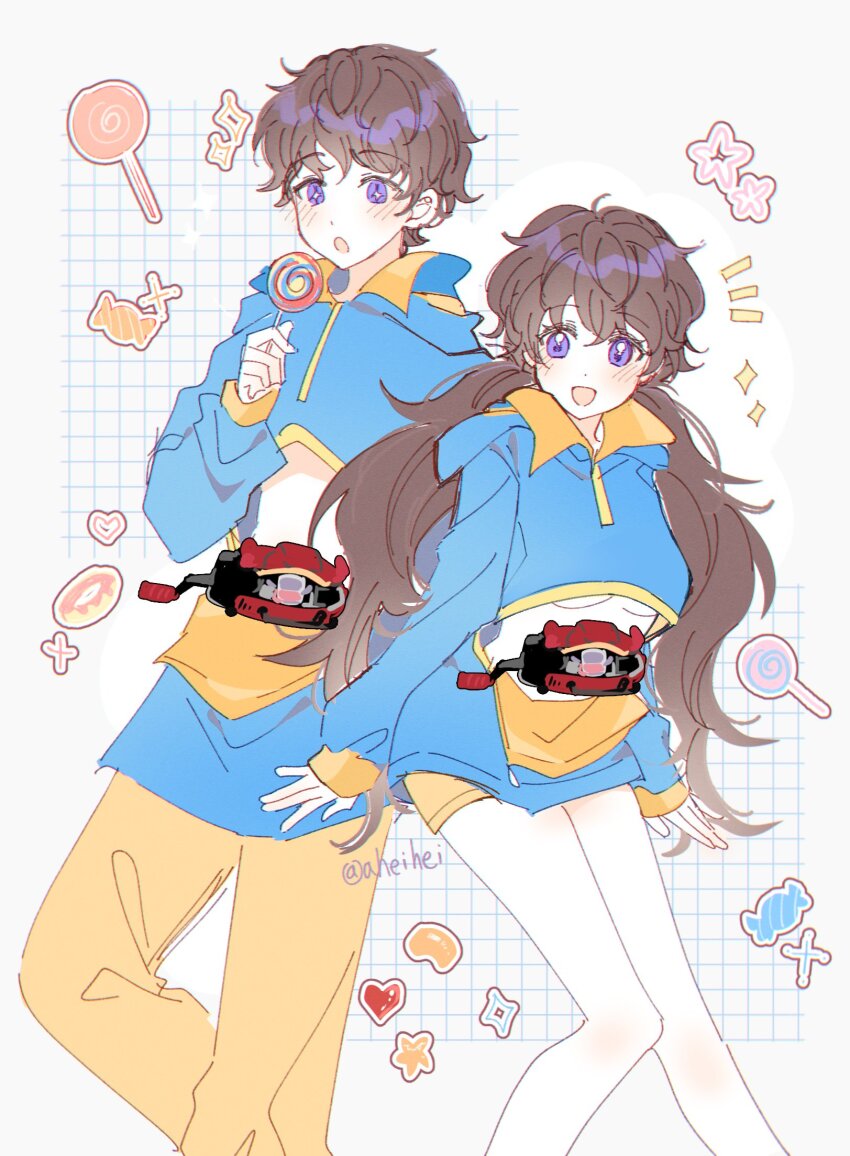 1boy 1girl adk-em aheihei artist_name bandai bandai_namco belt blue_hoodie blush breasts brown_hair candy chinese_commentary clothing_cutout diamond_(shape) donut dual_persona extra_mouth food genderswap genderswap_(mtf) gochizou grid_background gummy_candy heart henshin_belt_gavv highres hood hoodie inoue_shouma ishimori_prod jelly_bean kamen_rider kamen_rider_gavv_(series) lollipop long_hair notice_lines open_mouth pants poppin_gummy_gochizou purple_eyes rider_belt short_hair shorts shouma_(kamen_rider_gavv) shouma_stomach signature star_(symbol) stomach_cutout toei_company tokusatsu tv_asahi two-tone_hoodie underboob yellow_pants yellow_shorts