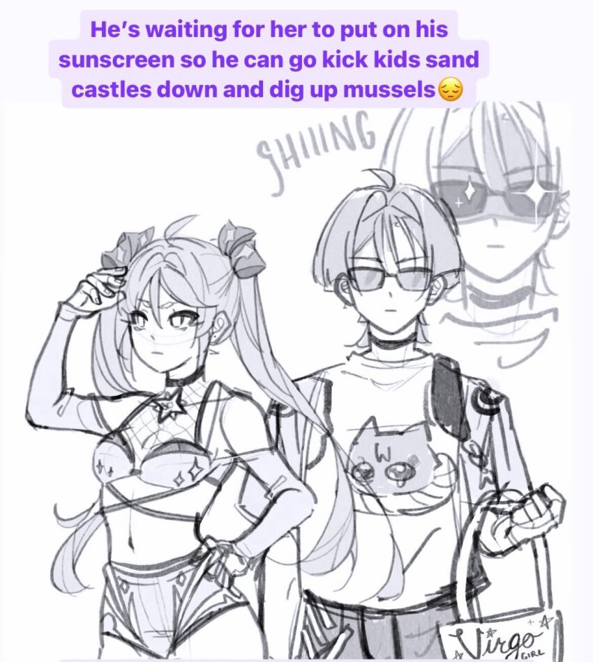 1boy 1girl ahoge alternate_costume animal_print arm_at_side bag bespectacled bikini blunt_ends bow breasts casual cat_print choker cleavage clenched_hand closed_mouth clothing_cutout contemporary emoji english_text expressionless facing_viewer fingernails fishnet_top fishnets foxtrot_(foxtrot_xx) genshin_impact glasses glint greyscale hair_bow hair_intakes hand_on_own_hip hand_up handbag highres long_hair long_sleeves looking_to_the_side midriff mona_(genshin_impact) monochrome navel sad_emoji scaramouche_(cat)_(genshin_impact) scaramouche_(genshin_impact) shirt short_eyebrows short_sleeves shoulder_cutout sideboob sketch small_breasts star_(symbol) star_print sunglasses swimsuit tsurime twintails white_background wispy_bangs zoom_layer