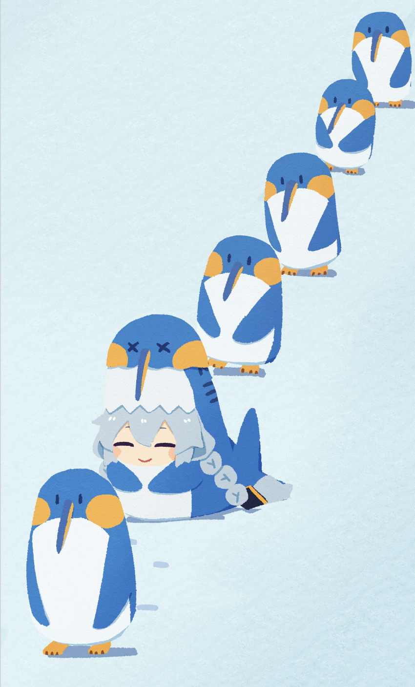 1girl absurdres animal_costume blue_background blush_stickers braid chibi closed_eyes closed_mouth commentary_request full_body grey_hair highres kizuna_akari konohoshi long_hair odd_one_out penguin_costume queue shark_costume simple_background smile twin_braids vocaloid voiceroid