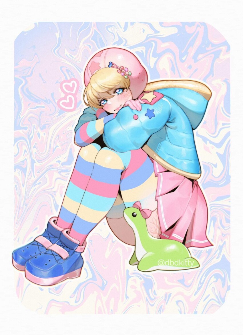 1girl apex_legends blue_bow blue_footwear blue_jacket blush bow commentary crossed_arms english_commentary heart highres hood hood_down hooded_jacket jacket kawaii_voltage_wattson kitty_keihara looking_at_viewer nessie_(respawn) pink_bow pink_skirt red_bow skirt smile solo striped_clothes striped_thighhighs stuffed_toy thighhighs twitter_username wattson_(apex_legends) yume_kawaii