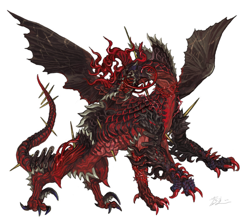 animal_focus aokarasu_punko claws clenched_teeth colored_teeth curled_horns dragon extra_legs from_side full_body grey_eyes horns monster multiple_horns no_humans original red_horns red_teeth scales scar sharp_teeth signature simple_background slit_pupils solo spikes teeth white_background wings