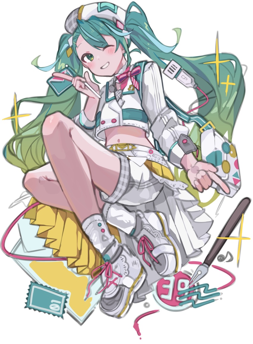 1girl 39 ;d aqau_hair aqua_eyes blush commentary_request flag graident_hair green_hair grin hatsune_miku highres holding holding_flag koutya_cat long_hair looking_at_viewer magical_mirai_(vocaloid) magical_mirai_miku magical_mirai_miku_(2024) midriff navel nib_pen_(object) one_eye_closed open_mouth pen pleated_skirt shoes shorts shorts_under_skirt skirt smile sneakers socks solo twintails very_long_hair vocaloid white_socks