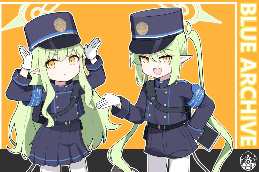 2girls :&lt; :d armband backpack bag belt black_belt blue_archive blue_armband blue_hat blue_jacket blue_shorts blue_skirt buttons chibi closed_mouth copyright_name cowboy_shot dada0082 demon_tail double-breasted earrings fang green_hair green_halo hair_between_eyes halo hand_on_own_hip hand_up hands_up hat highlander_railway_academy_logo hikari_(blue_archive) holding holding_tablet_pc jacket jewelry kepi light_blush long_hair long_pointy_ears long_sidelocks long_sleeves looking_at_viewer military_hat military_uniform multiple_girls nozomi_(blue_archive) open_hand open_hands open_mouth orange_background outline pantyhose peaked_cap pleated_skirt pointy_ears rabbit_pose short_shorts shorts siblings sidelocks sisters skin_fang skirt sleeve_cuffs smile standing tablet_pc tail thick_eyebrows train_conductor twins twintails two-tone_background v-shaped_eyebrows very_long_hair wavy_hair wavy_sidelocks white_outline white_pantyhose yellow_eyes