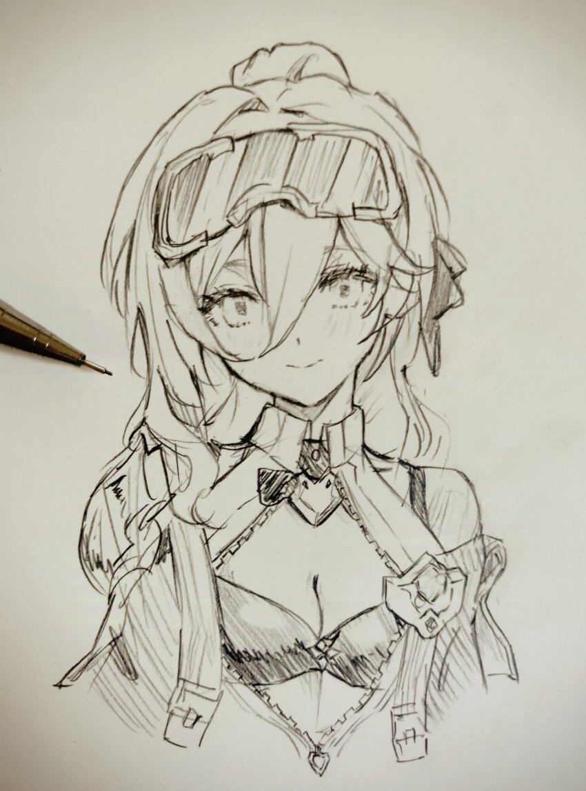 1girl art_tools_in_frame breasts cleavage closed_mouth commentary_request cropped_torso durandal_(honkai_impact) durandal_(reign_solaris)_(honkai_impact) goggles goggles_on_head greyscale hair_between_eyes highres honkai_(series) honkai_impact_3rd jacket long_hair lysh monochrome photo_(medium) ponytail small_breasts smile solo traditional_media upper_body