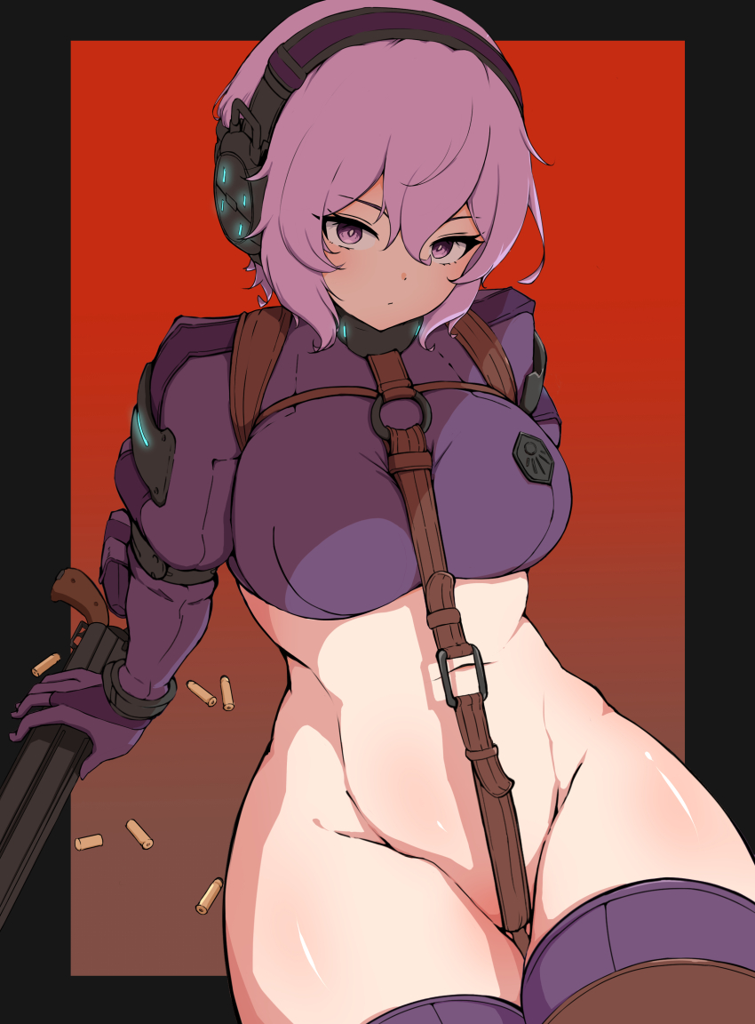 1girl absurdres beyond_citadel breasts crotch_strap gun headphones highres holding holding_gun holding_weapon long_sleeves martyr_(the_citadel) navel nobesuke o-ring purple_eyes purple_hair red_background revealing_clothes shell_casing solo the_citadel weapon