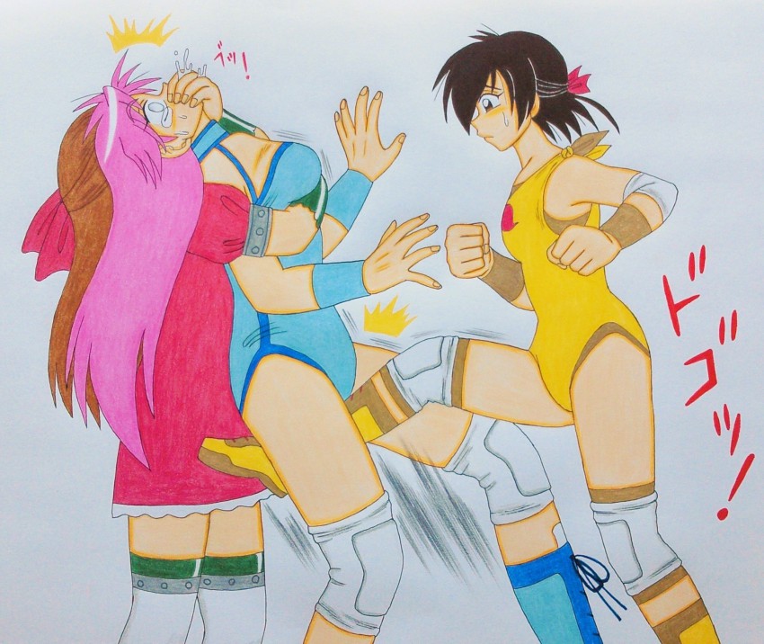 3girls cunt_punt highres hoshino_chiyoru mighty_yukiko multiple_girls mutou_megumi ryona tagme wrestle_angels wrestle_angels_survivor wrestler wrestling yuukoku